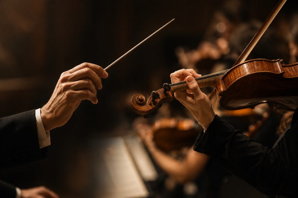 Manos de un director de orquesta y un violinista durante un concierto